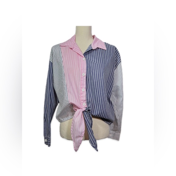 No Frills Tops - No Frills Button Down Shirt Tie Front Size M Color Block Striped